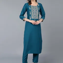 KALINI Ethnic Motifs Yoke Design Round Neck Thread Work Straight Kurta-picture-11