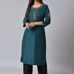 W Ethnic Motifs Yoke Design Thread Work Kurta-image-16