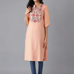 AURELIA Women Peach-Coloured Floral Yoke Design Thread Work Straight Kurta-image-91