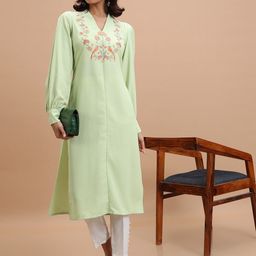 Vishudh Green Floral Yoke Design Thread Work Straight Kurta-image-5