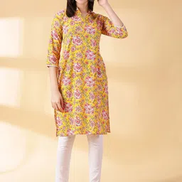 DIVINATION Floral Printed Mandarin Collar Pure Cotton Lace Straight Kurta-picture-13