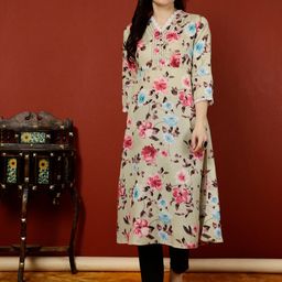 Jaipur Kurti V-Neck Floral Printed Thread Work Linen Straight Kurta-image-75