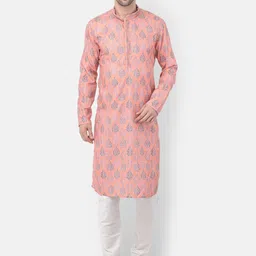 TABARD Men Peach-Coloured Ethnic Motifs Printed Mandarin Collar Cotton Kurta-10