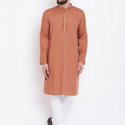 even Ethnic Woven Design Band Collar Straight Pure Cotton Kurta-image-1
