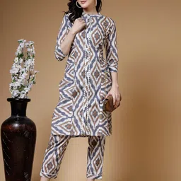 Indibelle Ikkat Printed Mandarin Collar Cotton A-Line Kurta-7