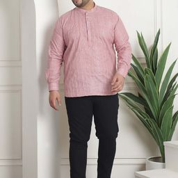 SOJANYA PLUS Plus Size Striped Mandarin Collar Pure Cotton A-Line Kurta-image-2