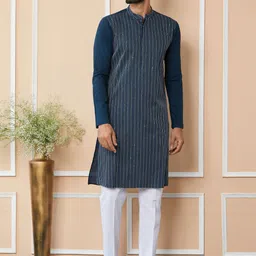 See Designs Mandarin Collar Long sleeves Striped Thread Work Cotton Straight Kurta-picture-46