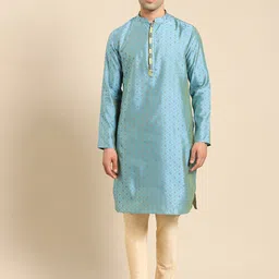 Amodh by Kisah Men Turquoise Blue Thread Work Kurta-18