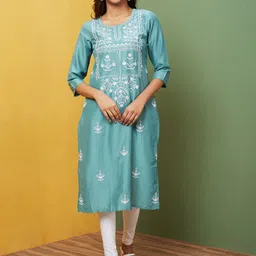 Globus Green Ethnic Motifs Embroidered Straight Kurta-image-51