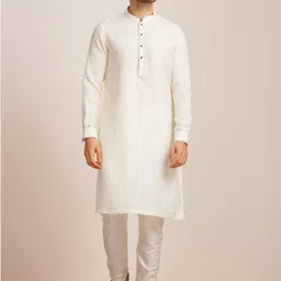 Manyavar Men Mandarin Collar White Romance Linen Kurta-image-10