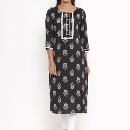 VEDANA Women Black Floral Printed Kurta-image-14