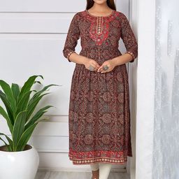 KALINI Ethnic Motifs Printed Thread Work A-Line Cotton Kurta-image-6