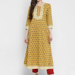 KALINI Women Yellow Ethnic Motifs Printed Thread Work Kurta-image-23