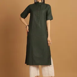 Sayesha Woven Design Mandarin Collar Roll Up Sleeves Pure Cotton Straight Kurta-39