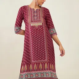 Soch Ethnic Motif Printed Notched Neck Panelled Kurta-image-8