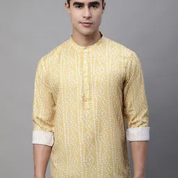 Anouk Yellow & White Bandhani Printed Band Collar Short Kurta-image-60