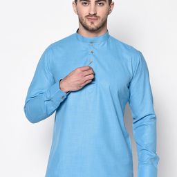 TABARD Men Blue Solid Band Collar Long Sleeve Cotton Kurta-image-19