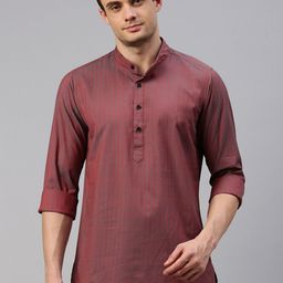 Cross Court Striped Woven Design Mandarin Collar Pure Cotton Straight Kurta-image-6