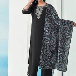 KALINI  Ethnic Motifs Yoke Design Thread Work Kurta with Trousers & With Dupatta-12