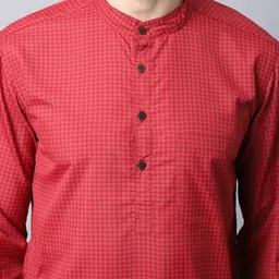 even Men Red Checked Woven Design Kurta image 2