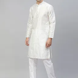 MANQ Men White Thread Work Dupion Silk Kurta image 4