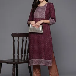 Anouk Maron Ethnic Motifs Printed Thread Work Detailed Straight Kurta-picture-4