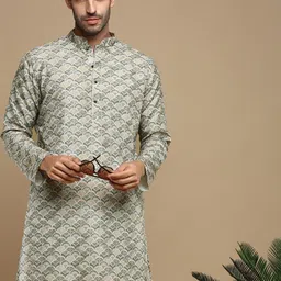 Anouk Green Abstract Printed Zari Mandarin Collar Cotton Straight Kurta-picture-10