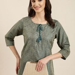 SHOWOFF Floral Printed Tie-Up Neck Thread Work Kurta-picture-41