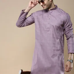 Anouk Mauve Striped Band Collar Cotton Silk Straight Kurta-image-46