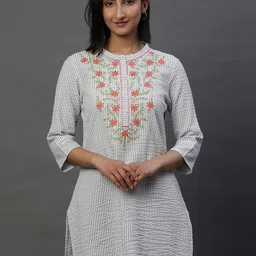 AURELIA Striped Mandarin Collar Thread Work Pure Cotton Kurti-83