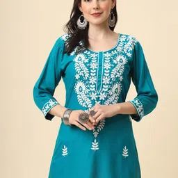 HERE&NOW Blue & White Ethnic Motifs Embroidered Round Neck Straight Kurti-picture-15