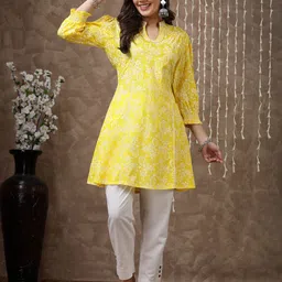 Nayam By Lakshita Yellow Floral Printed Thread Work Thread Work Kurti-image-17