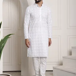 SOJANYA Ethnic Motifs Embroidered Sequinned Pure Cotton Kurta With Churidar-image-25