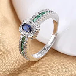 Yellow Chimes Silver-Toned Blue & Green Crystal Glamour Spark Ring-image-72