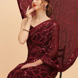 Sangria Burgundy Sequinned Pure Georgette Heavy Work Saree-image-66