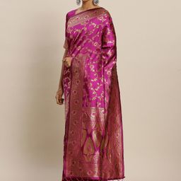 Sangria Pink Ethnic Motifs Zari Silk Blend Fusion Banarasi Saree-picture-37