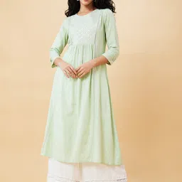 Globus Green Ethnic Motifs Yoke Design Thread & Mirror Work Pure Cotton A-Line Kurta-19