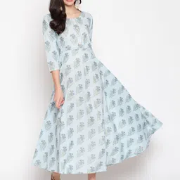 GLAM ROOTS Women Blue Geometric Printed Thread Work Floral Anarkali Kurta-picture-34
