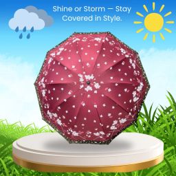 Net Umbrella 3-Fold Floral Print Lightweight Travel-Friendly, Maroon Umbrella-image-55
