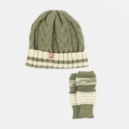 Bharatasya Pack of 2 Kids Self Design Beanie Cap & Thermal Acrylic Mittens-image-2