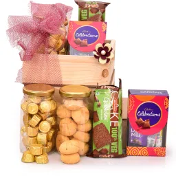 Decorative Chocolate Gifts Box/Hamper With Celebrations Pack,Swiss Chocolate,Cake Cookies For Bhai Dooj/Karwa Chauth/Christmas/New Year/Lohri/Birthday/Girlfriend/Valentine,3 Chocolate Wooden Gift Box-image-40