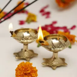 Brass Handmade Engraved Design Kuber Diya ( Oil Lamp) With Turtle Base For Puja Home Décor Brass (Pack of 2) Table Diya-image-39