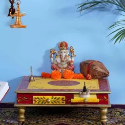 Yellow MDF & Sheesham Wooden Pooja Chowki with Drawer By D'DASS-picture-42