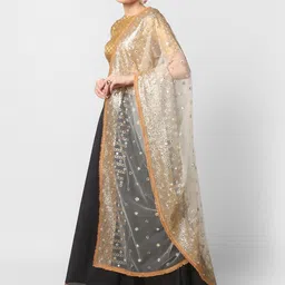 Dupatta Bazaar Cream-Coloured & Gold Ethnic Motifs Embroidered Dupatta with Sequinned image 3