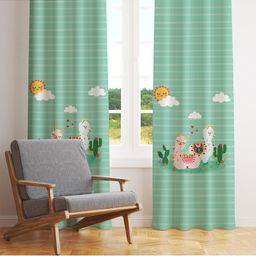 STYBUZZ Sea Green & White Set of 2 Quirky Printed Room Darkening Door Curtain-0