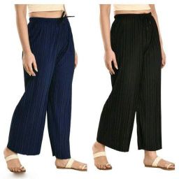 Pack of 2 Women Regular Fit Blue, Black Crepe Trousers-image-73