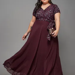 Miss Chase A+ Plus Size Miss Chase Self Design V-Neck Lace Overlaid Maxi Georgette Dress-picture-13
