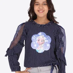 CUTECUMBER Girl Navy Blue Print Applique Georgette Top-image-56