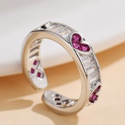 MYKI Silver-Plated Cubic Zirconia-Stones Studded Heart Design Adjustable Finger Ring-2