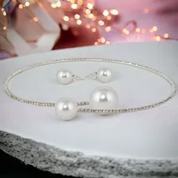LUCKY JEWELLERY Silver-Plated CZ-Studded Hasli Necklace Set With Earrings-image-51
